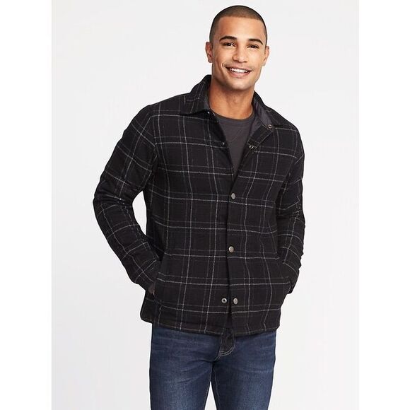 Old Navy Brushed Twill Shacket Mens Medium Black Plaid Wool Blend Quilt Lined - Picture 1 of 10